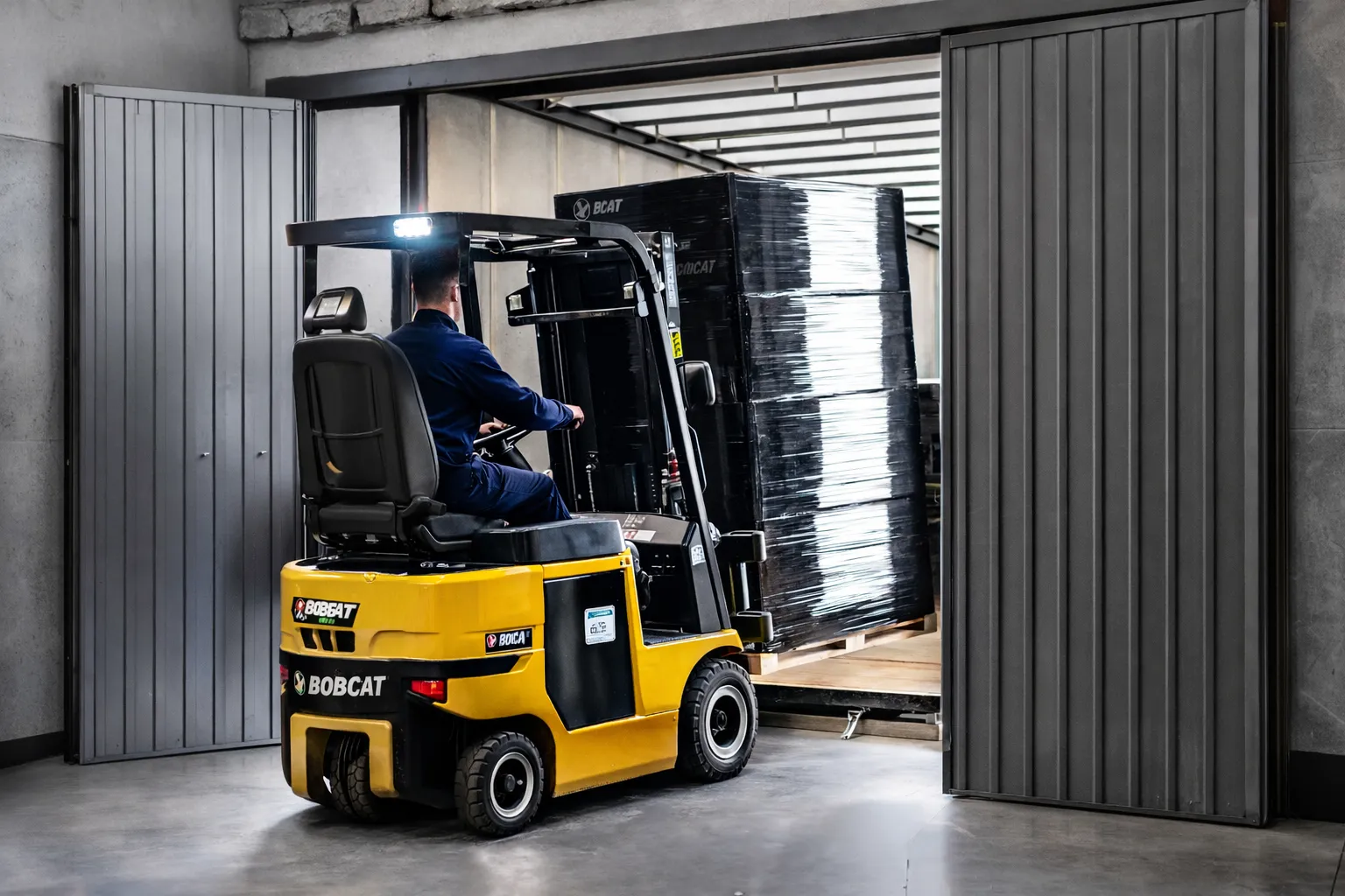 Forklift loading palletized goods at our household chemicals manufacturing facility