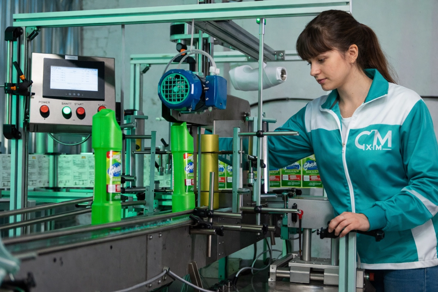 High-speed bottle labeling line monitored by staff at our household chemicals manufacturing facility