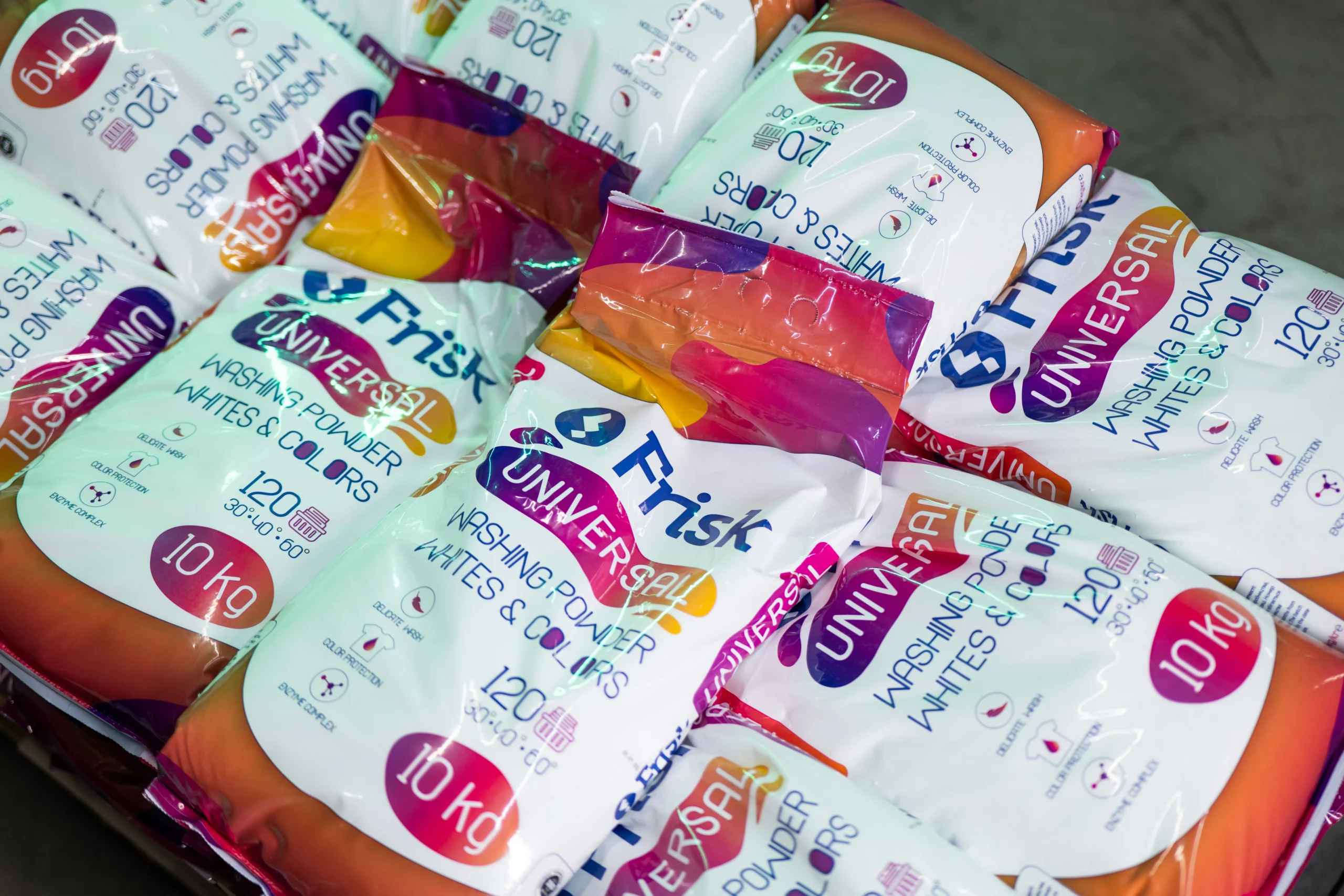 Wholesale batches of packaged detergent at our household chemicals manufacturing facility